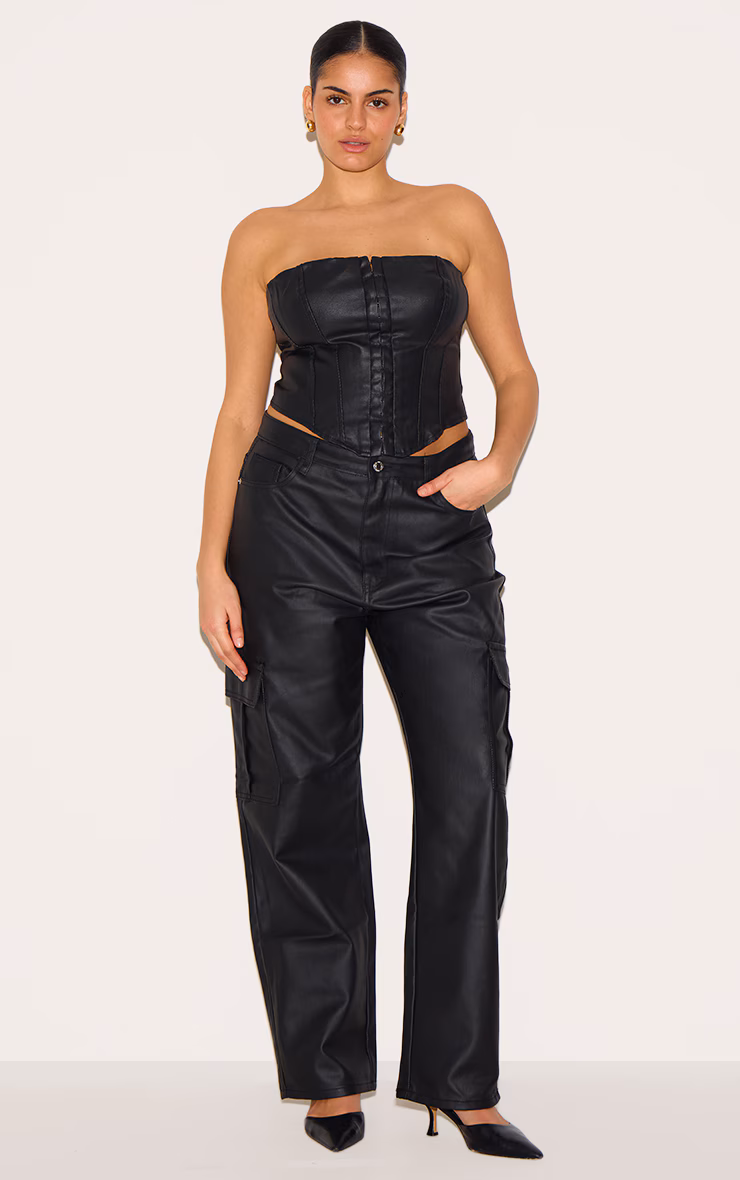 Plus Black Coated Denim Cargo Jeans