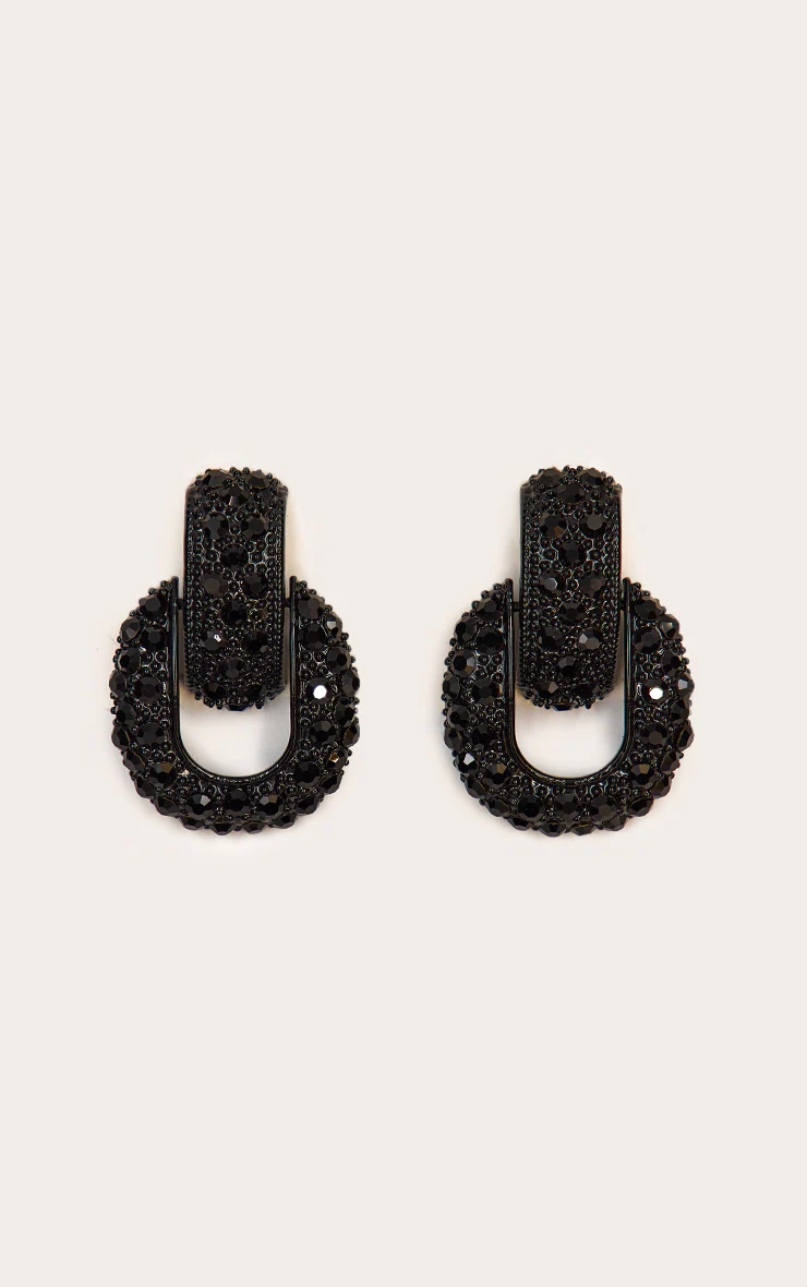 Black Diamante Door Knocker Statement Earrings