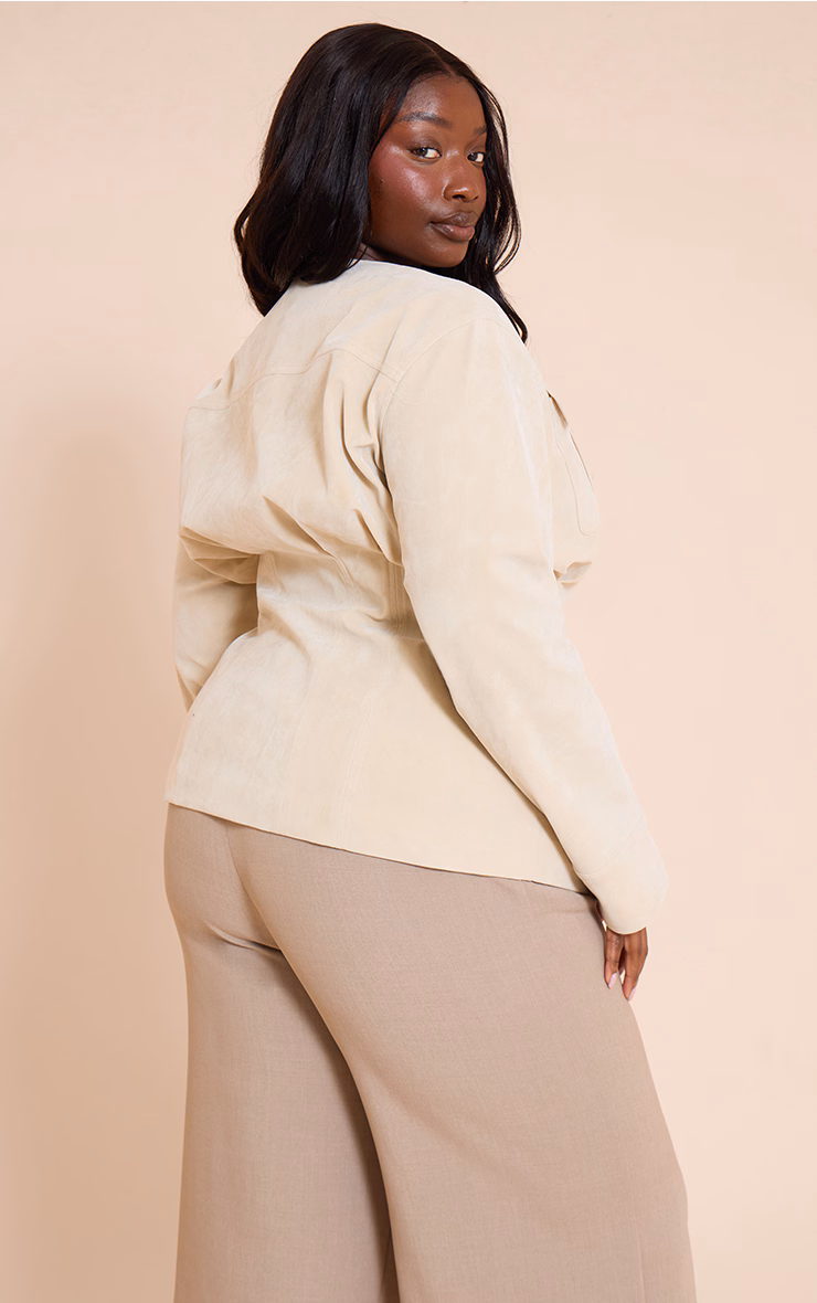 Plus Ecru Faux Suede Cinch Waist Covered Button Jacket