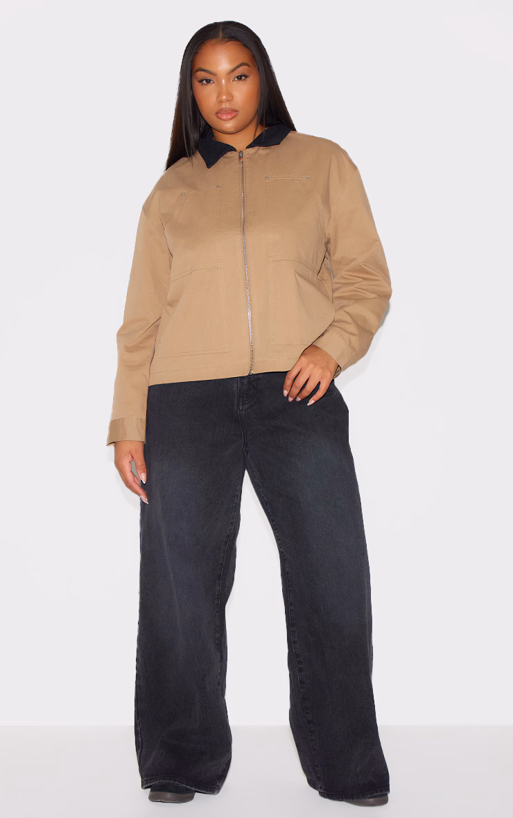 Plus Beige Contrast Collar Pocket Detail Trucker Jacket