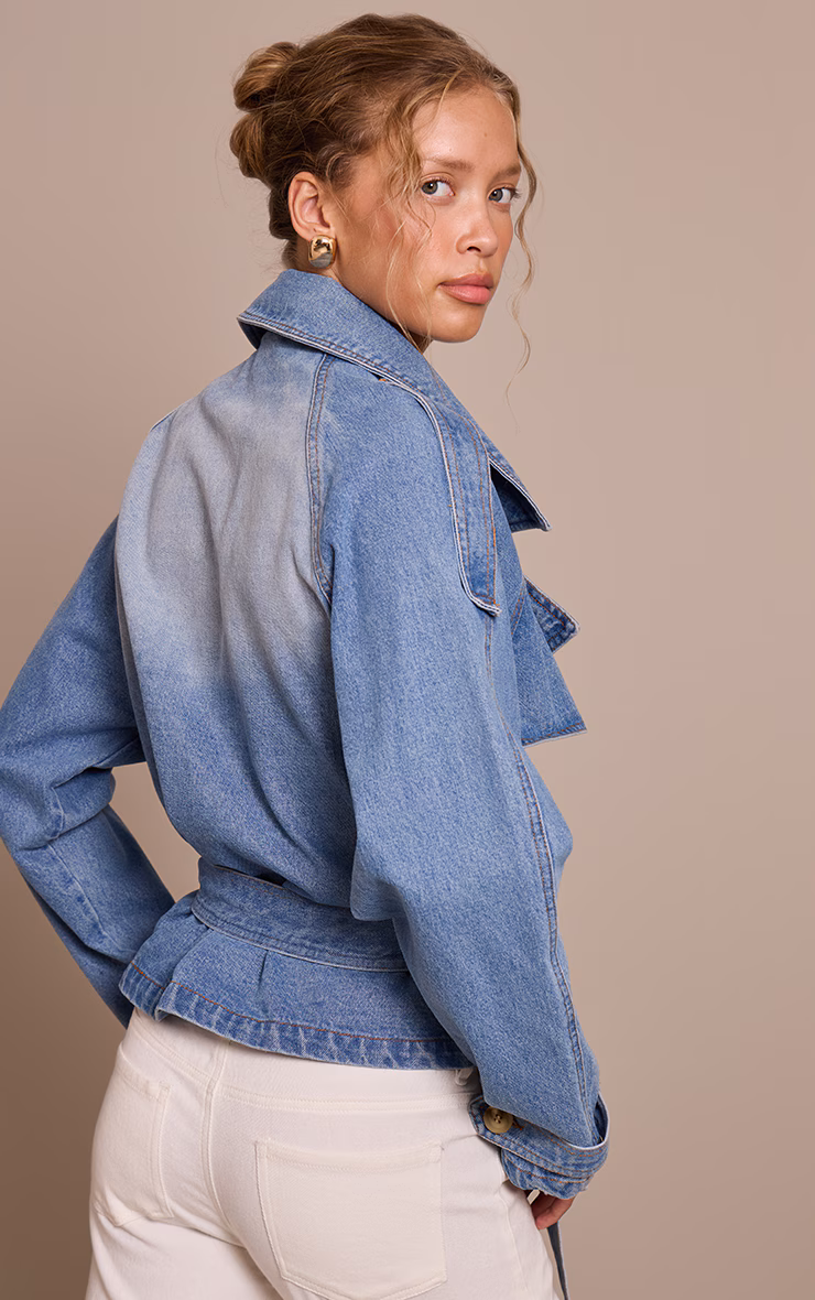 Mid Blue Wash Belted Cropped Button Detail Denim Trench