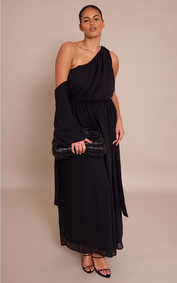 Plus Black Chiffon Drape Long Sleeve Maxi Dress