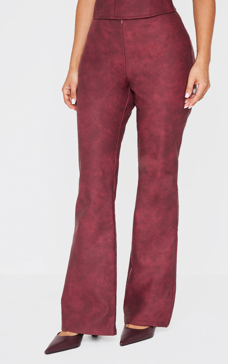Petite Burgundy Faux Leather Zip Front Flared Pants