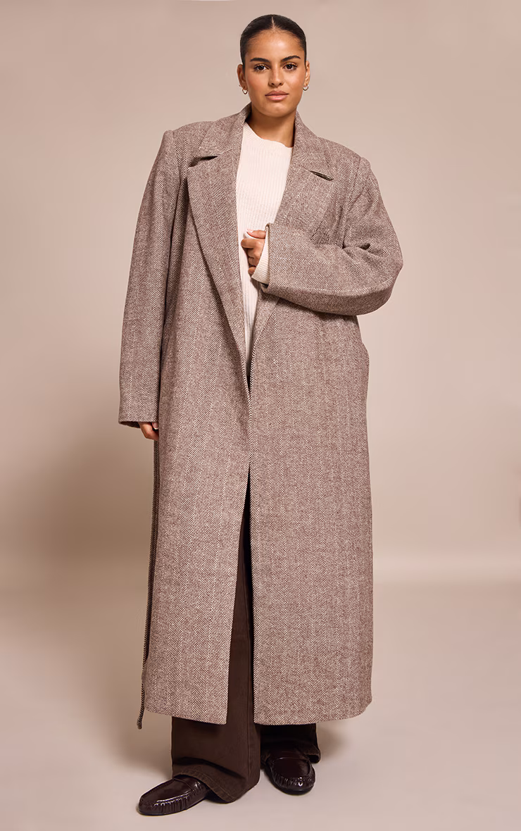 Plus Brown Herringbone Tie Waist Maxi Coat