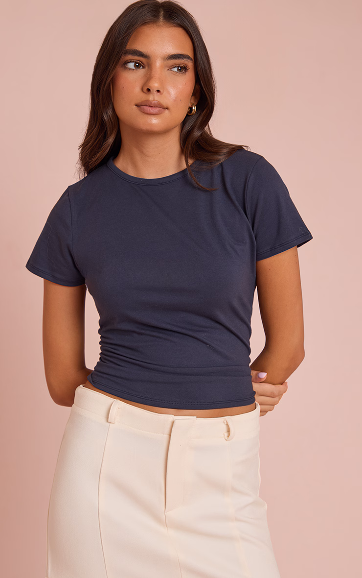 Navy Cotton Crew Neck Longline Short Sleeve T-Shirt