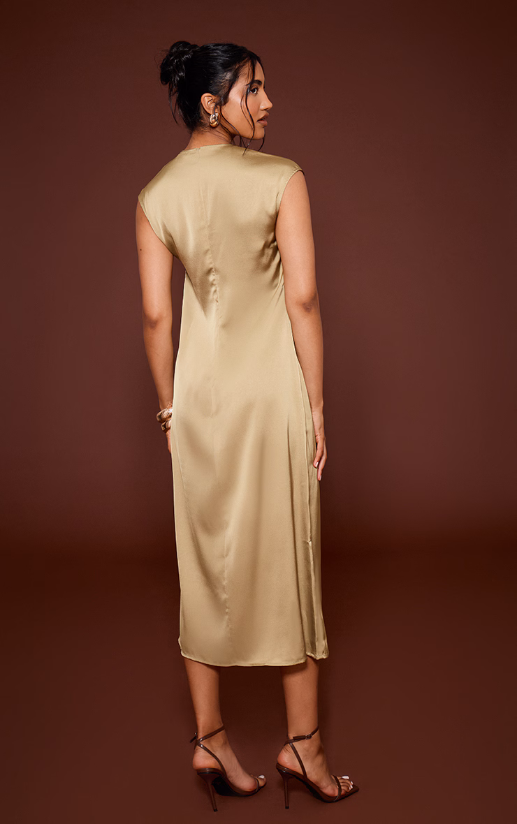 Olive Satin Cap Sleeve Shift Dress