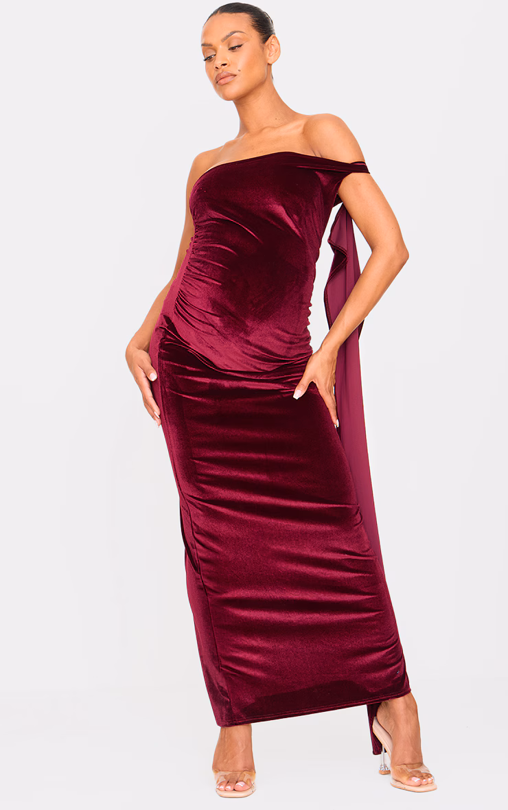 Maternity Burgundy Velvet One Shoulder Drape Detail Maxi Dress