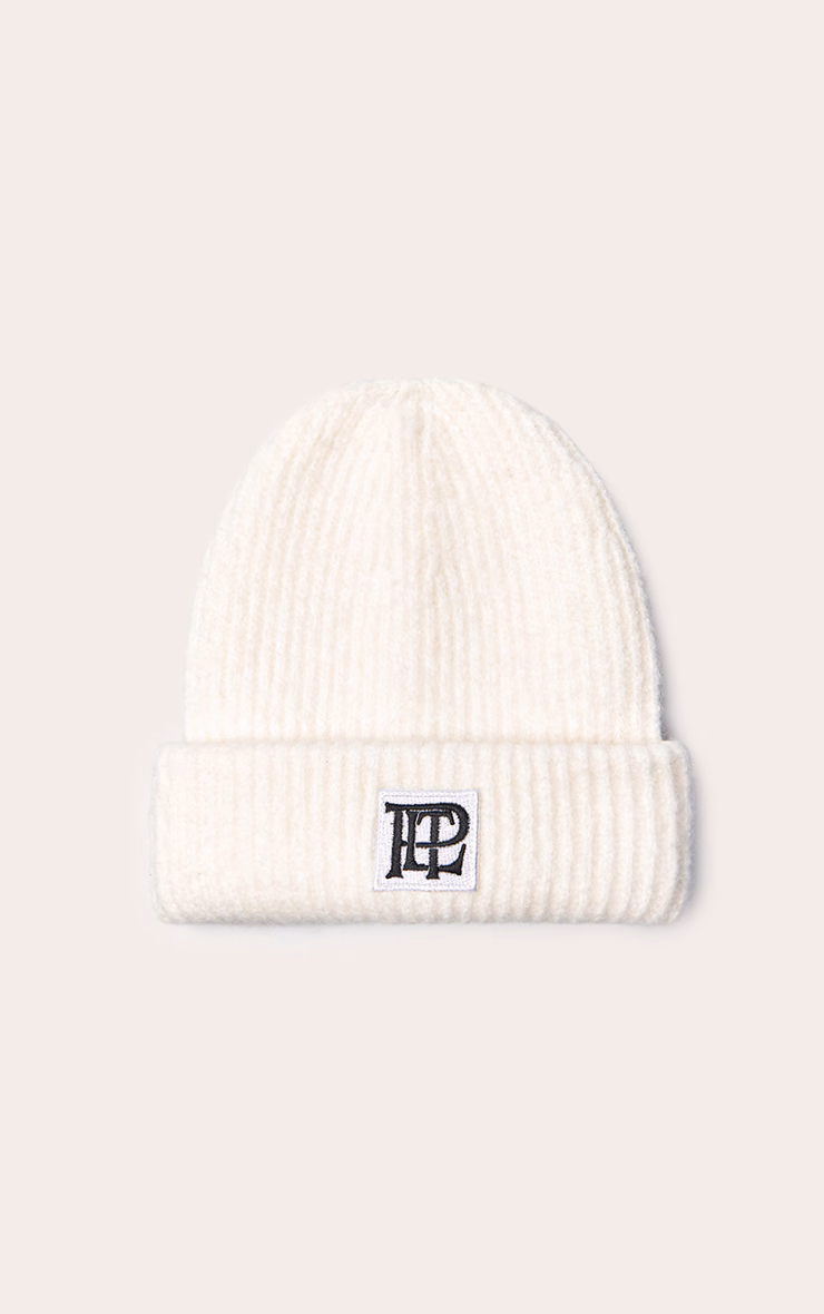 PLT Logo Cream Brushed Knit Fold Over Beanie