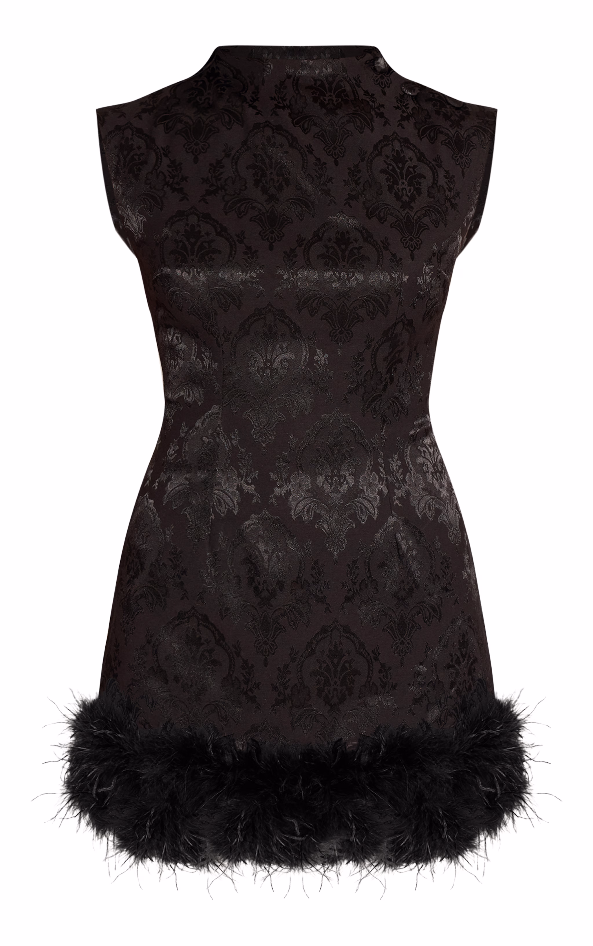 Black Jacquard High Neck Cap Sleeve Mini Feather Trim Dress