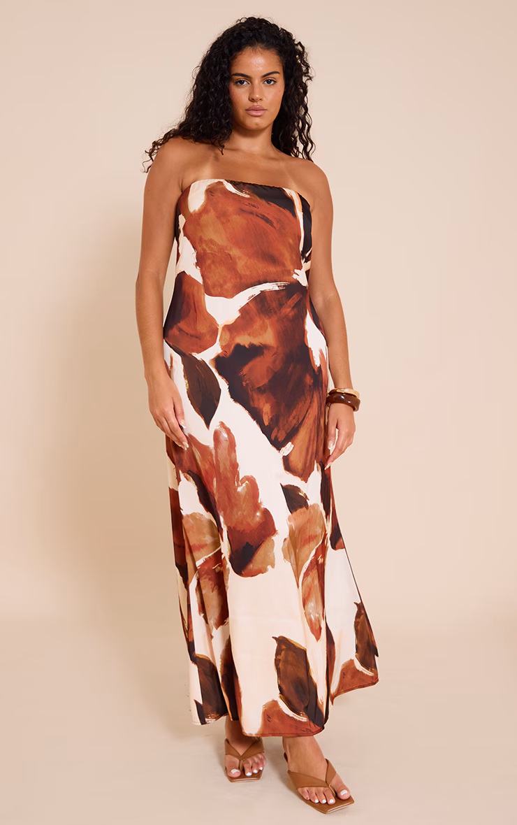 Plus Brown Floral Satin Maxi Dress