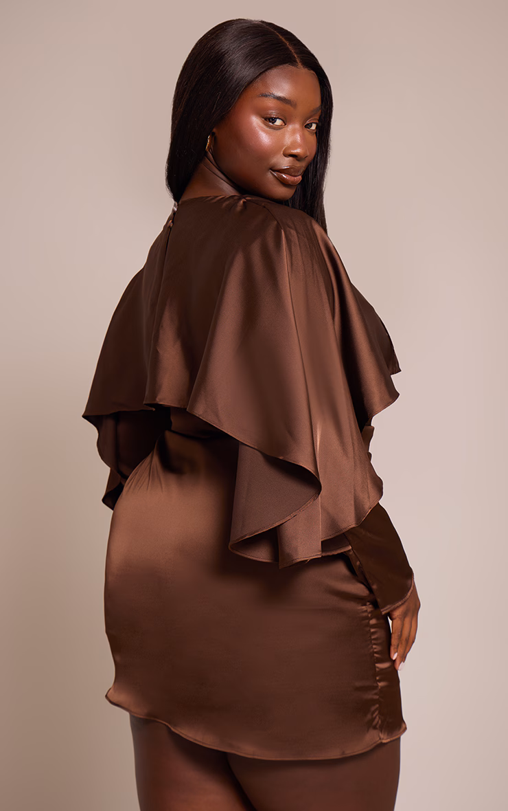 Plus Dark Chocolate Satin Overlay Cape Detail Bodycon Dress