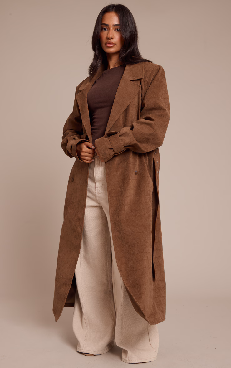 Petite Chocolate Croc Suede Trench Coat