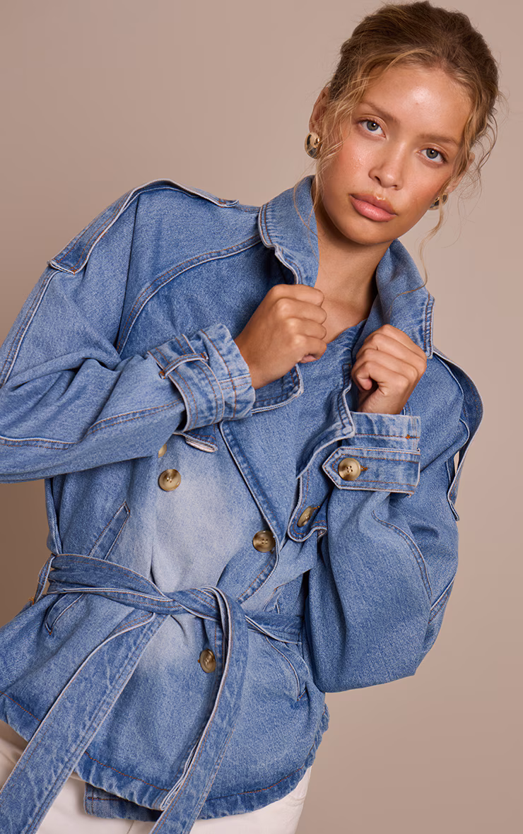 Mid Blue Wash Belted Cropped Button Detail Denim Trench