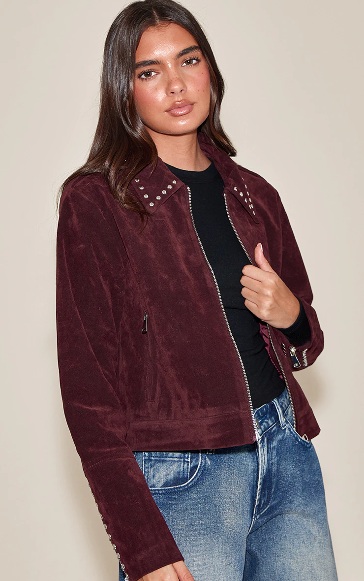 Burgundy Studded Detail Faux Suede Zip Up Jacket
