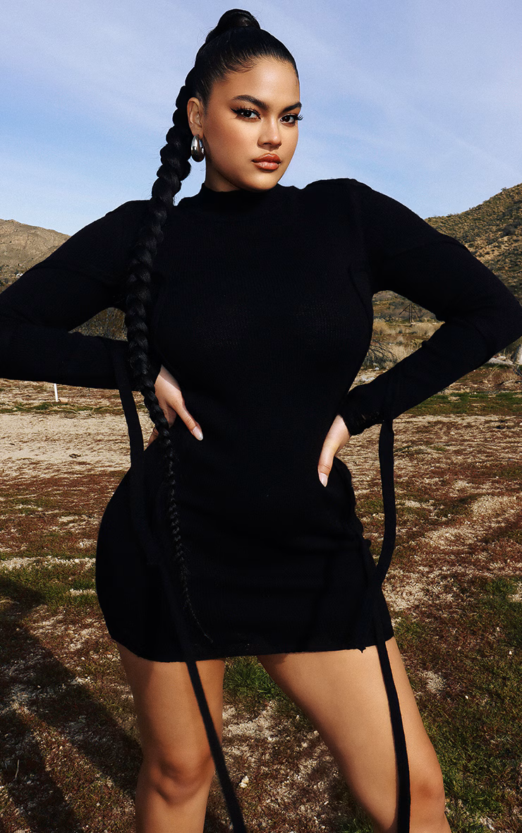 Plus Black Knitted Tie Detail Wrap Bodycon Dress
