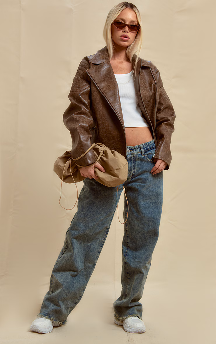 Brown Oversized Faux Leather Distressed Look Biker Jacket