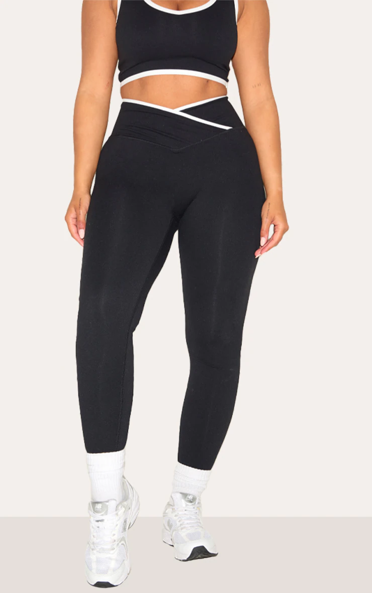 Shape Black Active Contrast Binding Wrap Waistband Leggings