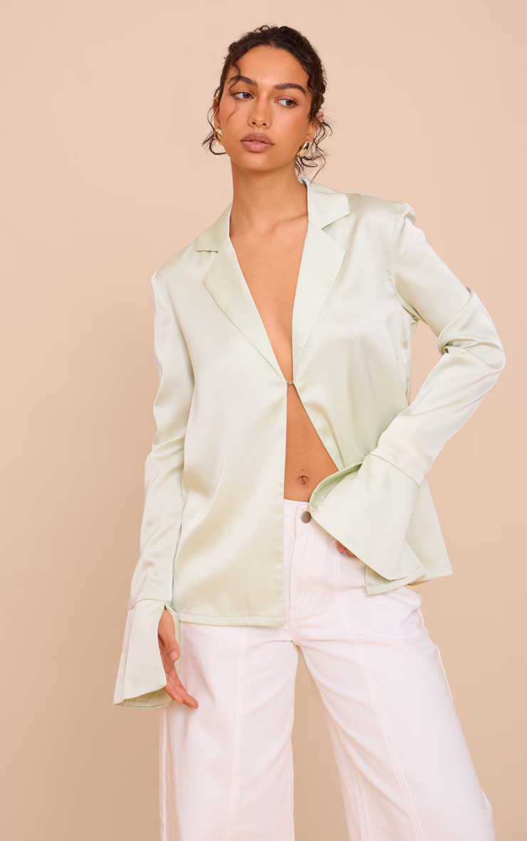 Mint Satin Hook And Eye Detail Oversized Shirt