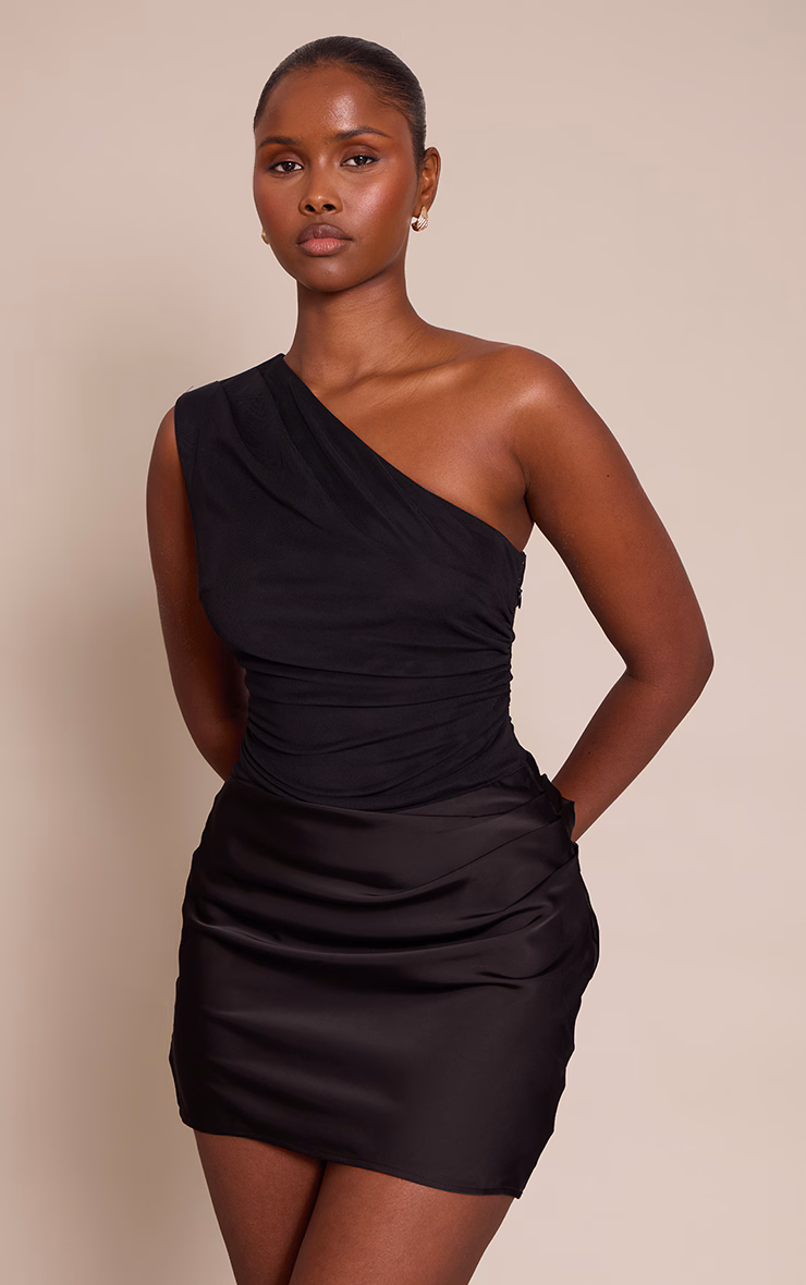 Black One Shoulder Satin Contrast Mini Dress