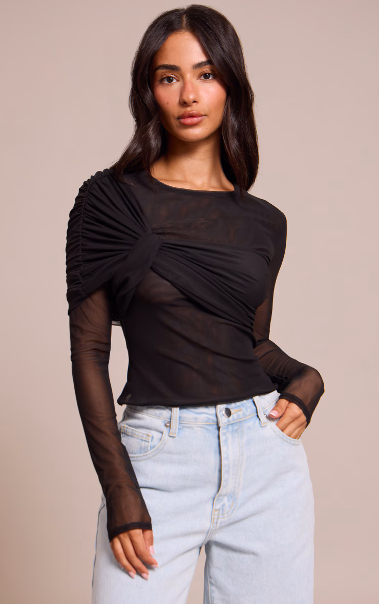 Petite Black Twist Front Detail Long Sleeve Top
