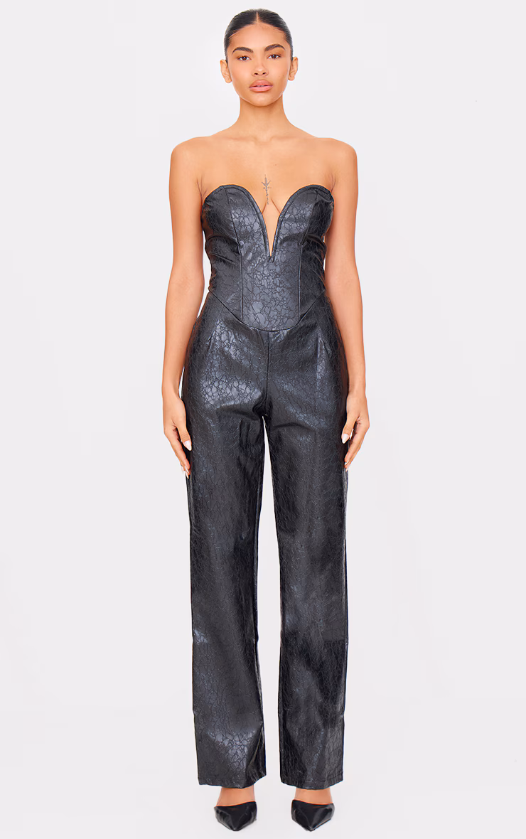 Black Croc Faux Leather Bandeau Plunge Straight Leg Jumpsuit