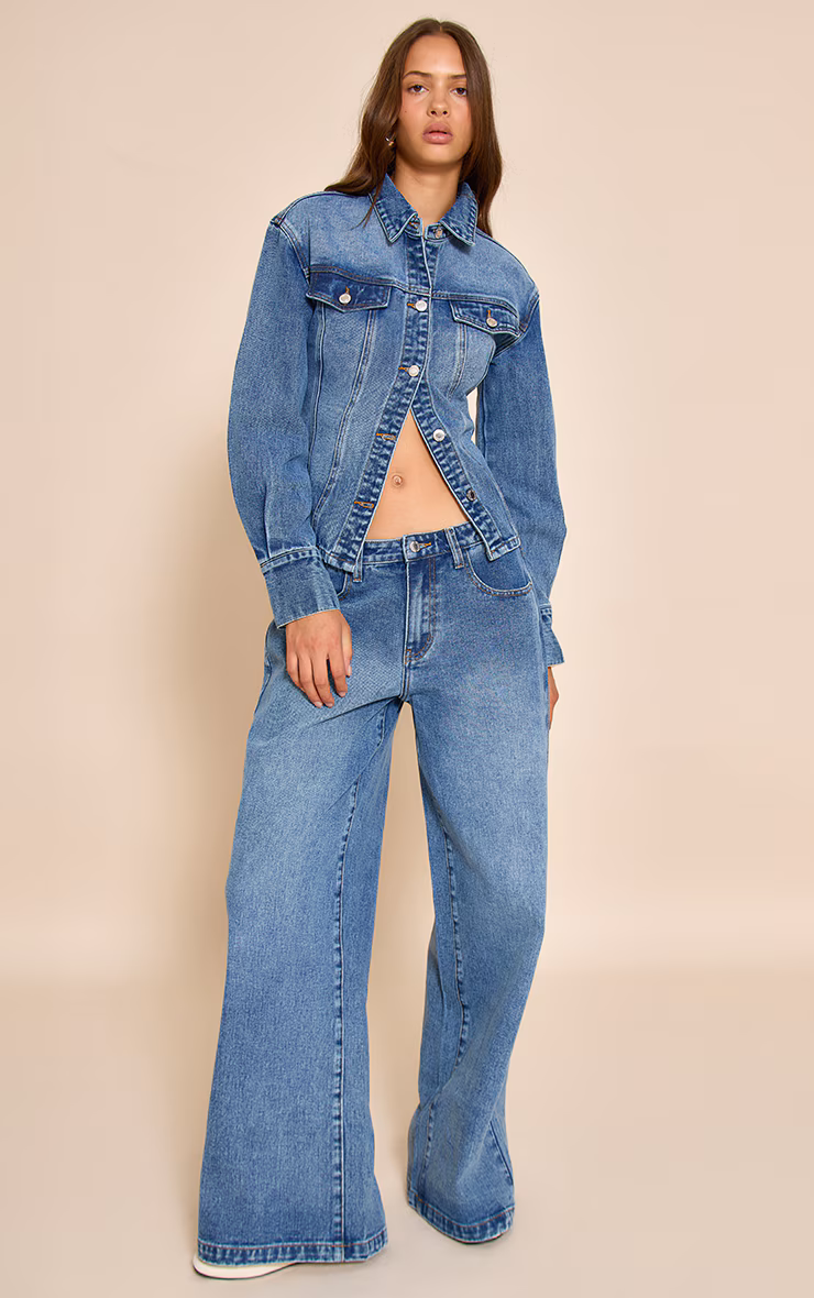 Mid Blue Wash Mid Waist Wide Leg Jeans