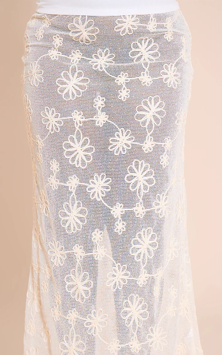 Plus Beige Flower Detail Sheer Maxi Skirt