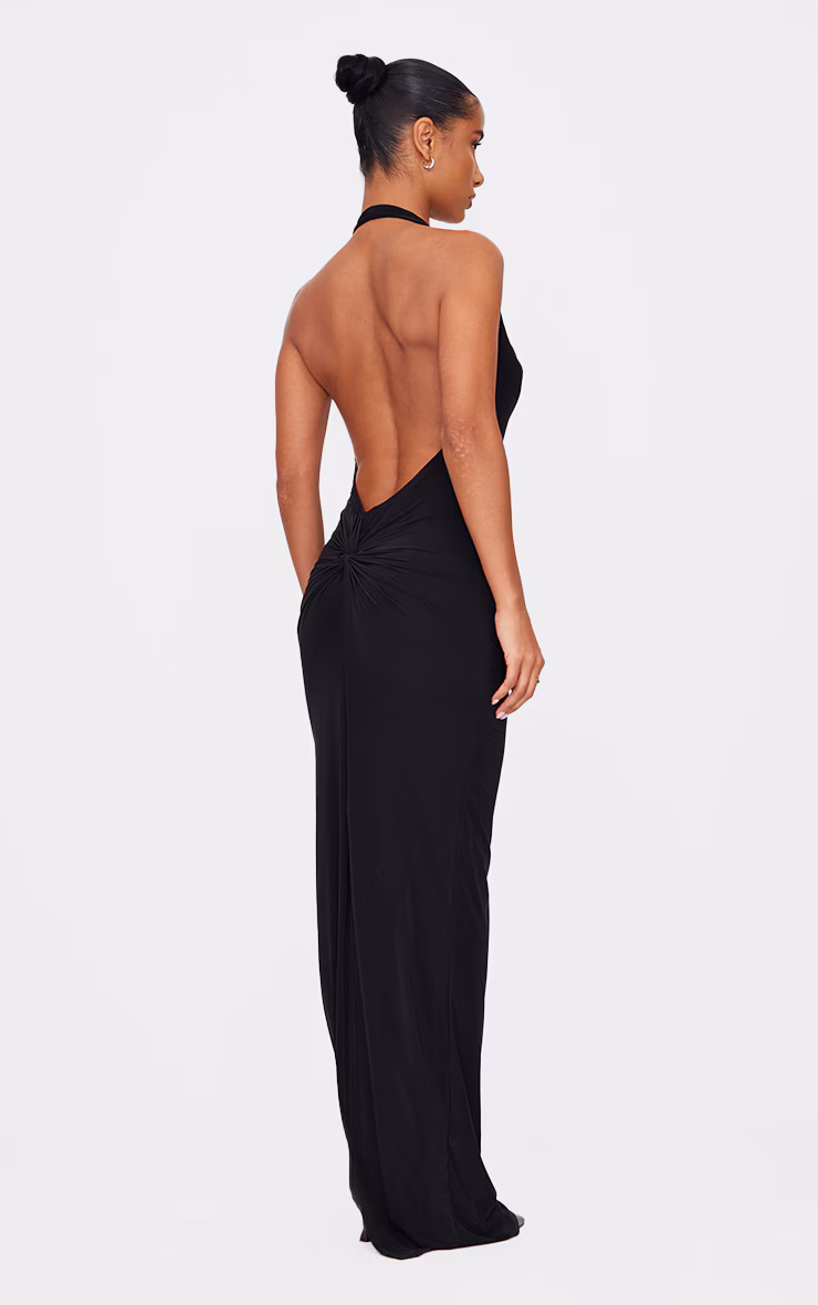 Black Soft Touch Cowl Neck Twist Back Detail Maxi Dress