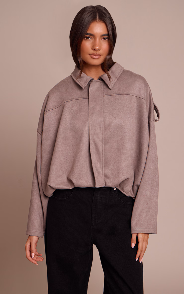 Taupe Zip Through Faux Suede Bomber Jacket