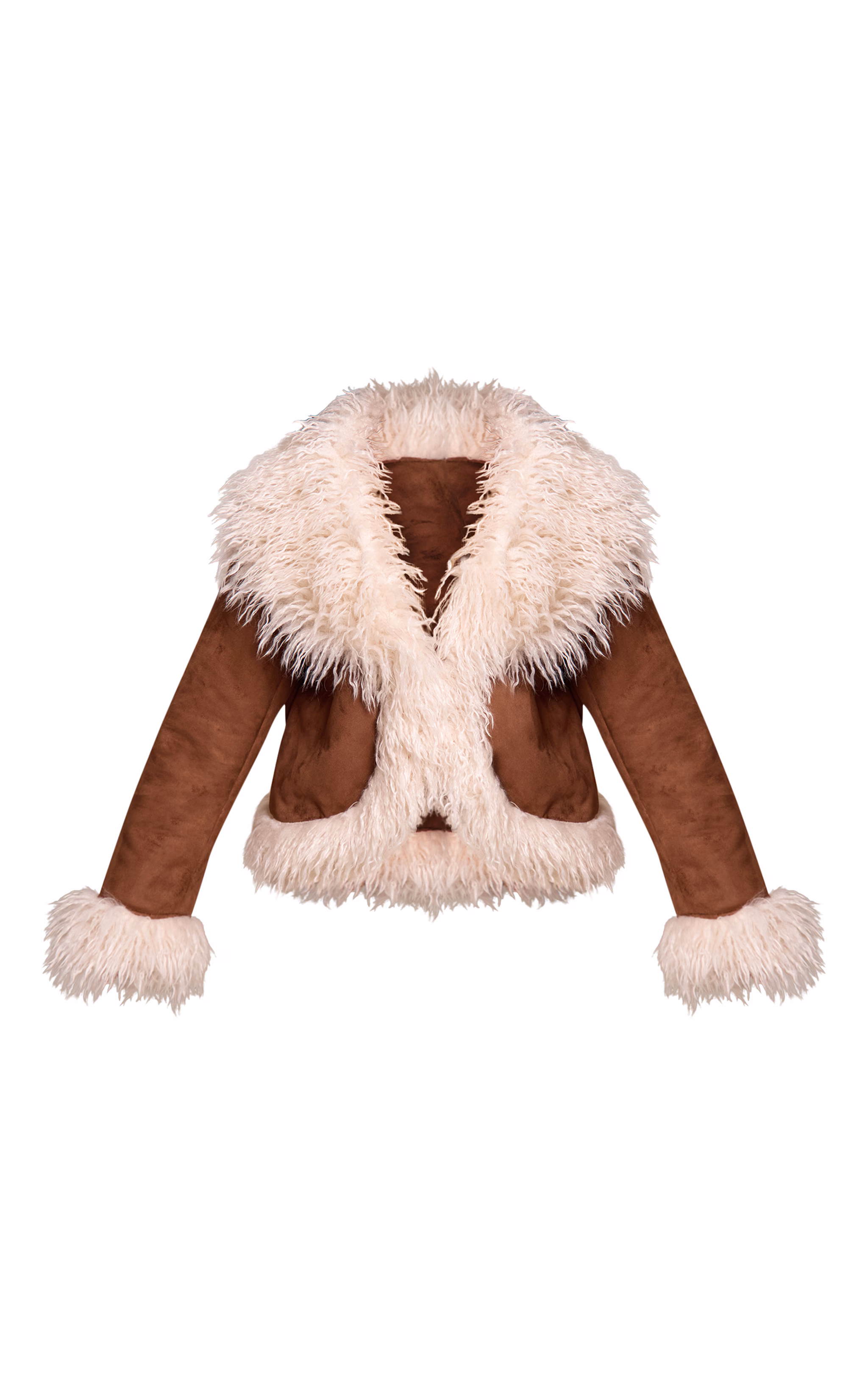 Petite Brown Faux Suede Fur Trim Afghan Coat