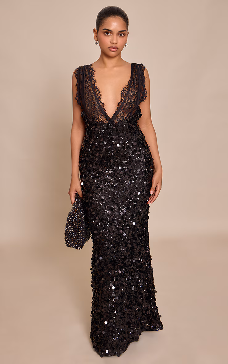 Petite Black Sequin Lace Strap Detail Maxi Dress