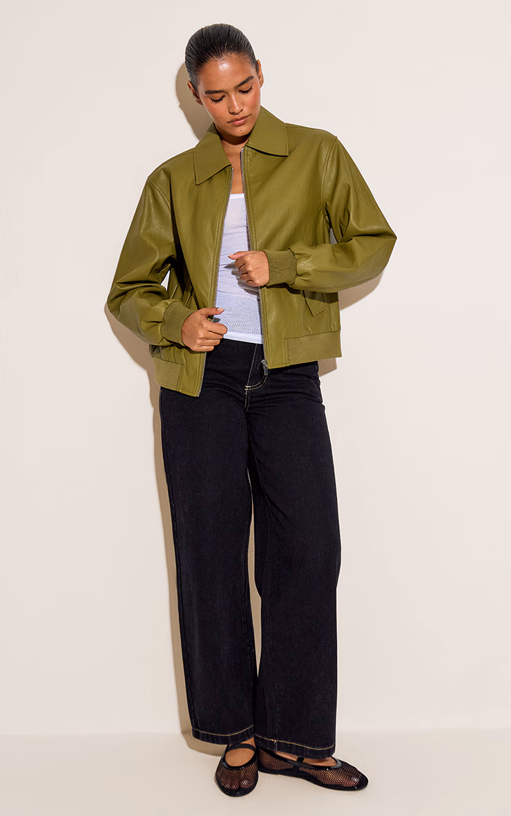 Olive Faux Leather Bomber Jacket