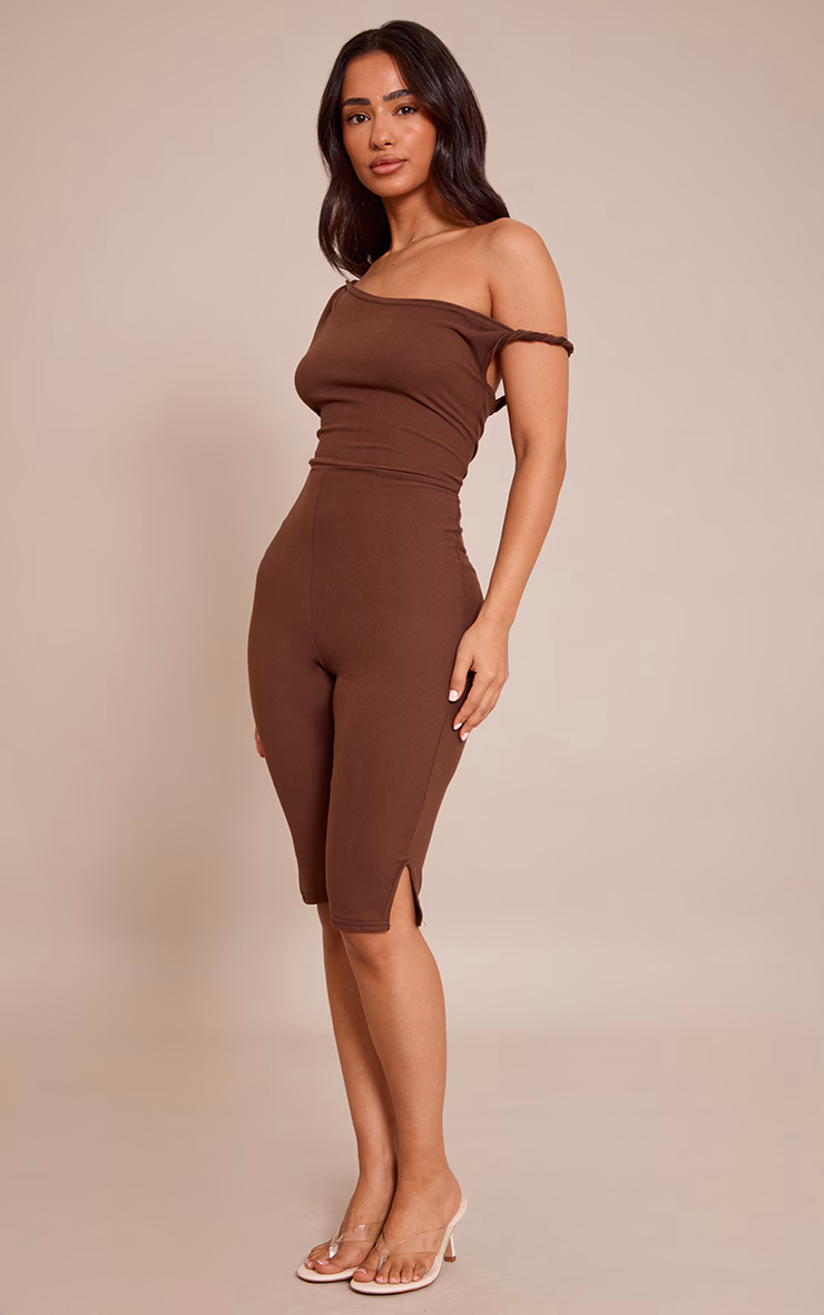 Petite Chocolate Super Soft Bardot Twist Detail Fitted Jumpsuit