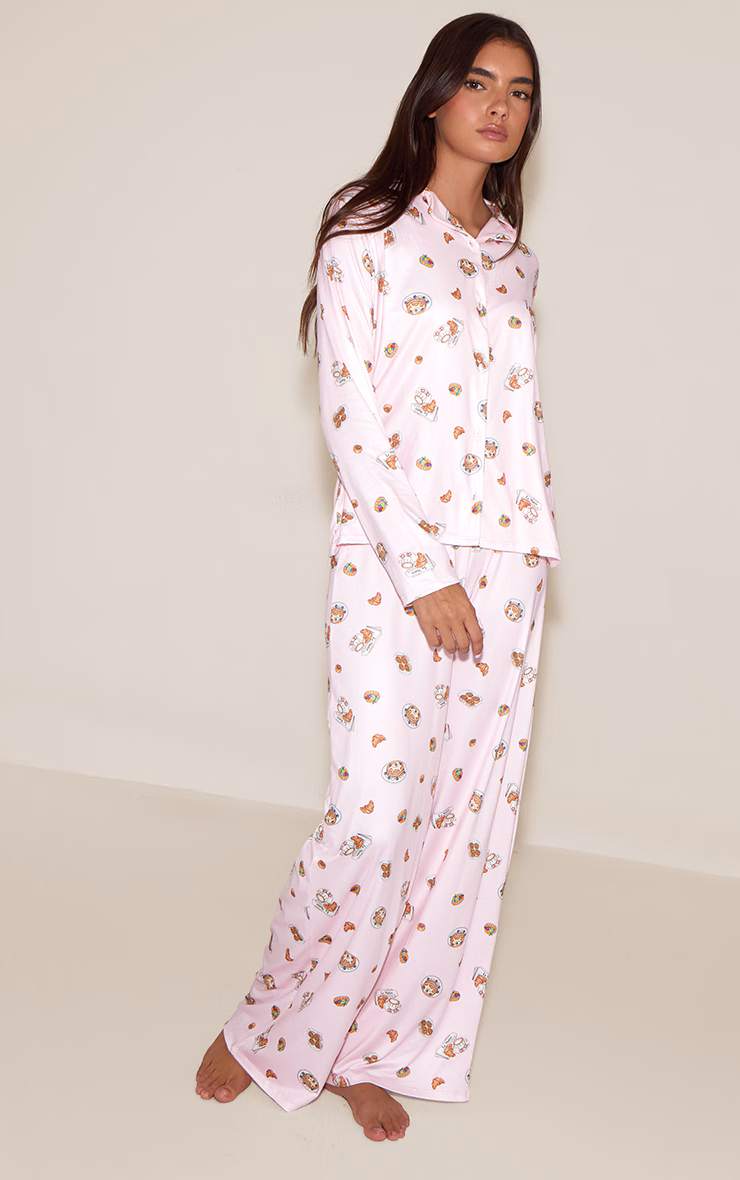 Pink Breakfast Print Long Sleeve Button Through PJ Set