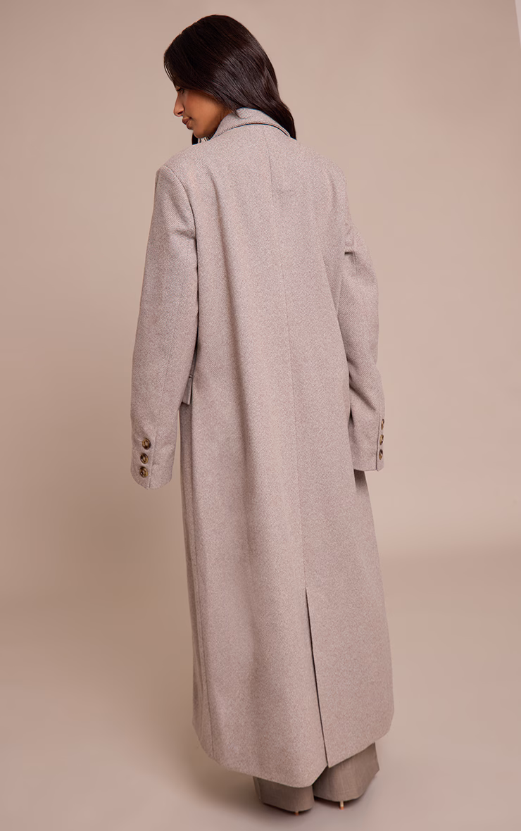 Petite Beige Herringbone Double Breasted Maxi Coat
