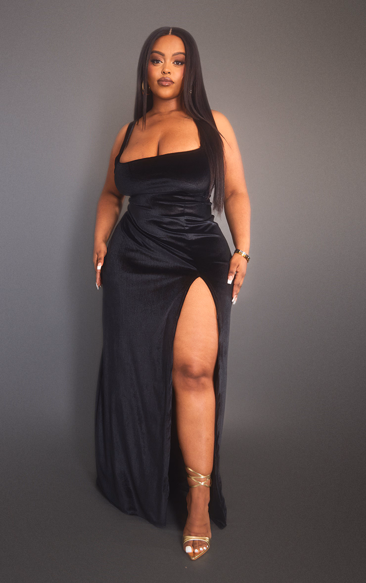 Plus Black Velvet Side Split Midi Dress