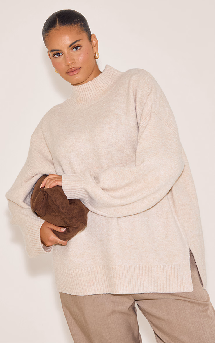 Plus Oatmeal Knit Oversized Polo Neck Sweater