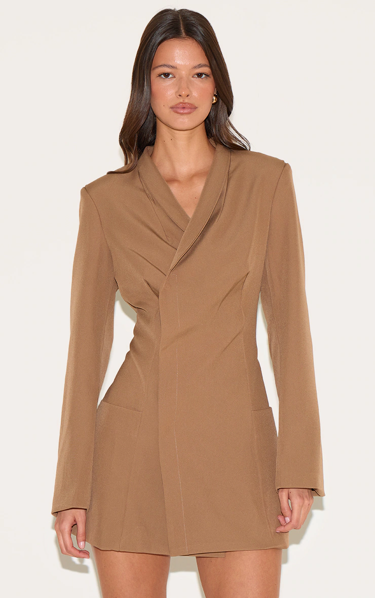 Mushroom Woven Collarless Blazer Dress
