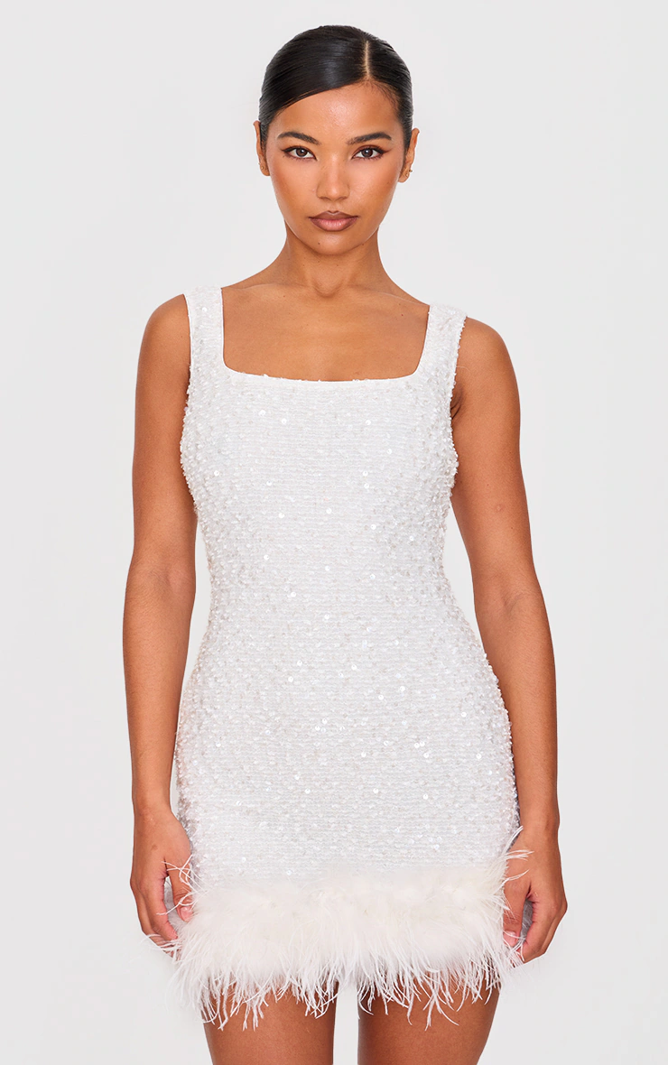 White Sequin Scoop Neck Feather Hem Shift Dress