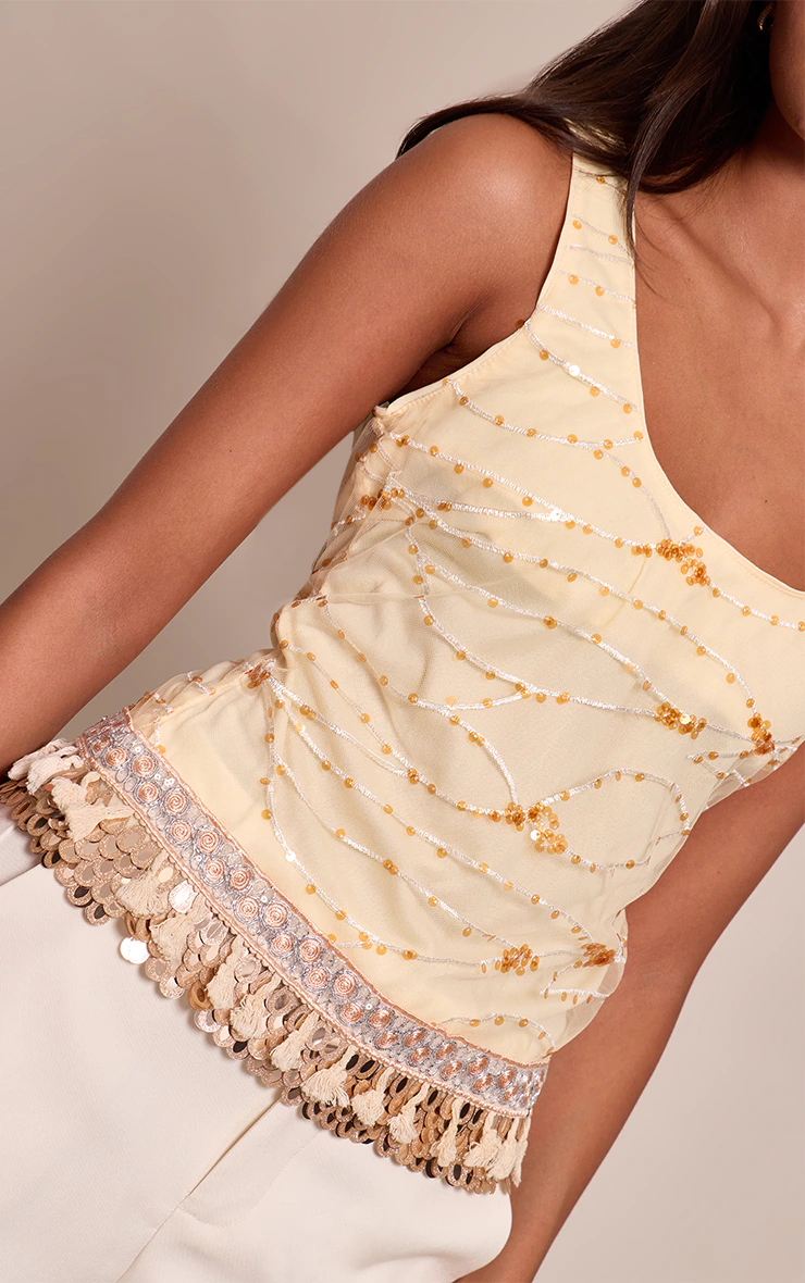 Butter Yellow Chiffon Embellished Sequin Detail Cami Top