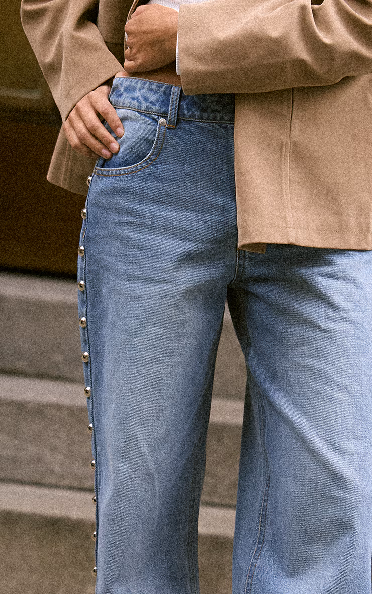 Mid Blue Studded High Waist Jeans