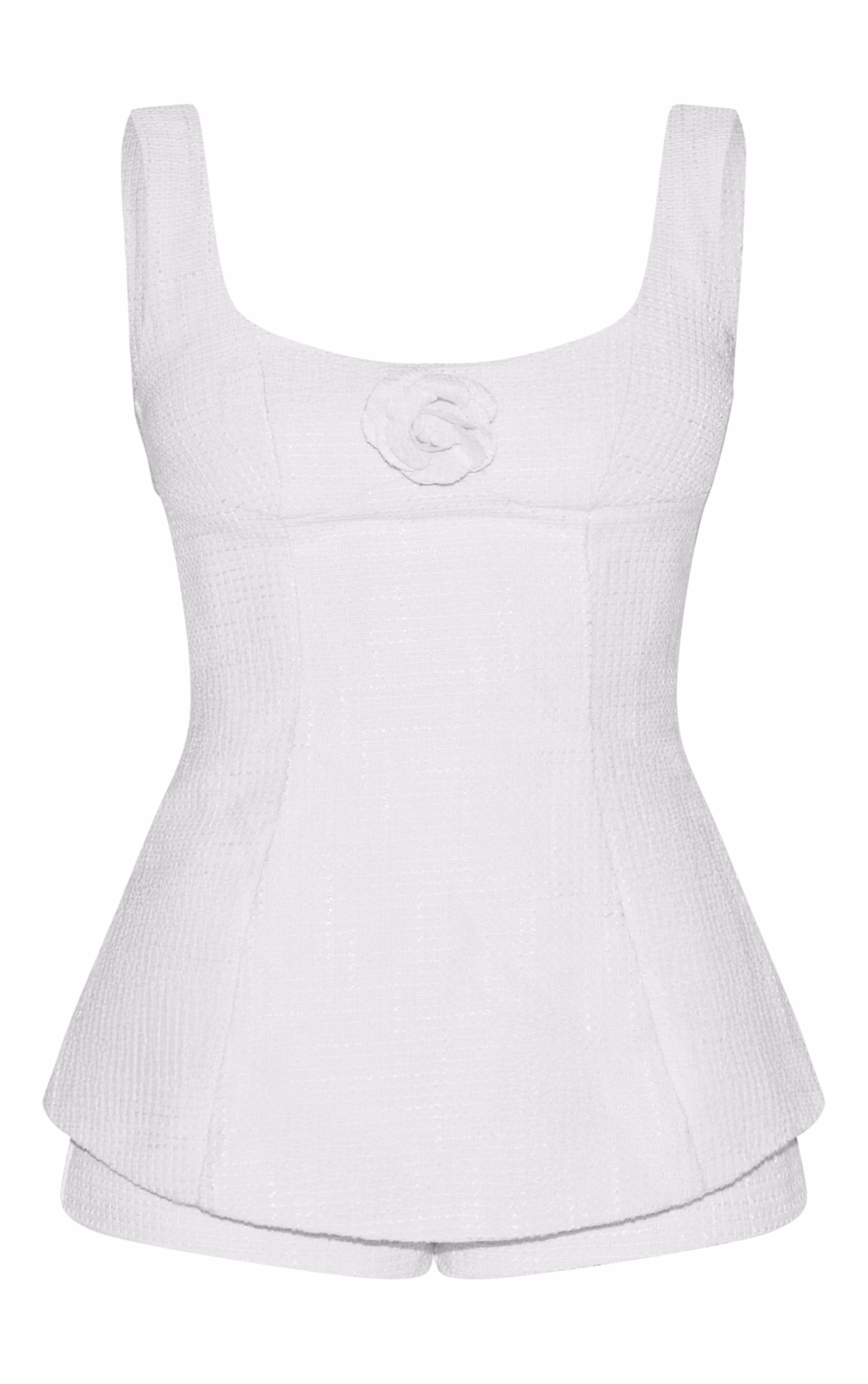 Premium White Boucle Camellia A-line Romper