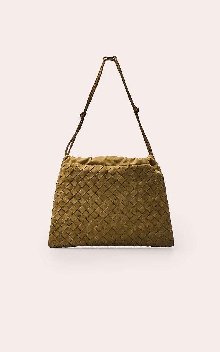 Olive Faux Suede Weave Drawstring Bag