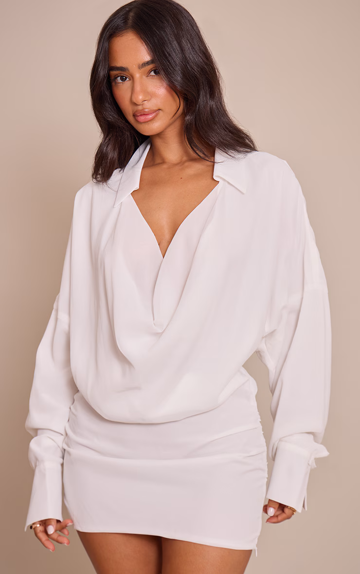 Petite White Chiffon Cowl Neck Collared Dress