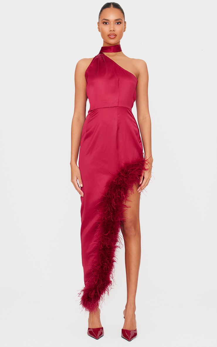 Red Satin High Neck Feather Trim Maxi Dress