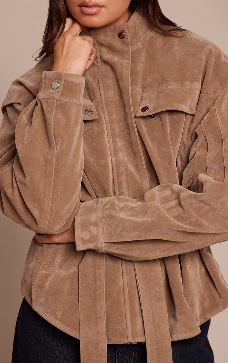 Mushroom Faux Suede Belted Drop Waist Jacket