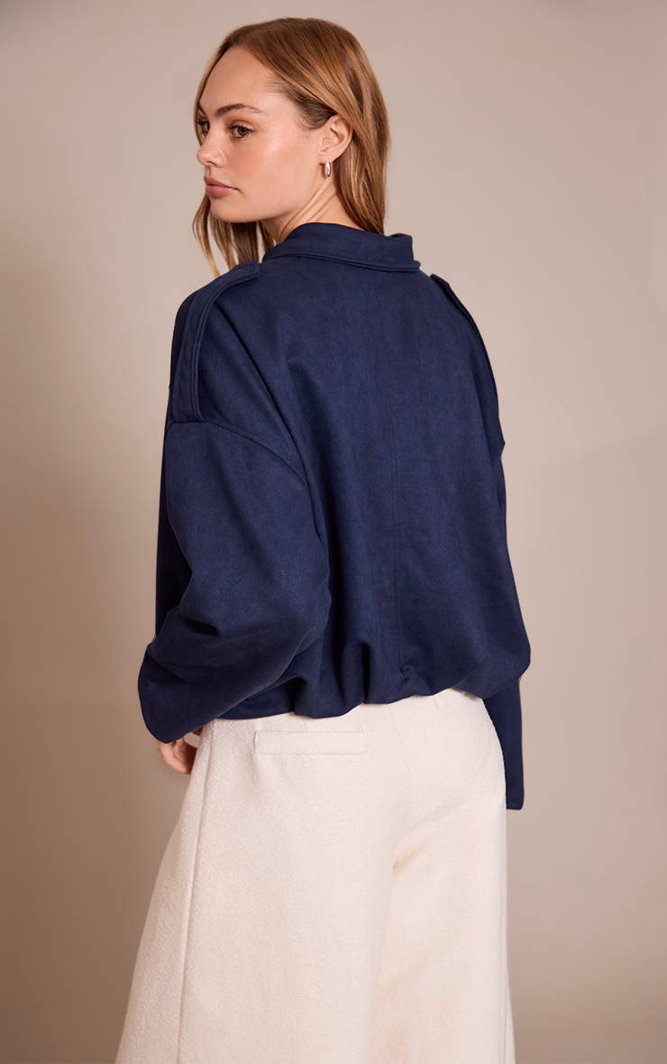 Navy Zip Through Faux Suede Bomber Jacket