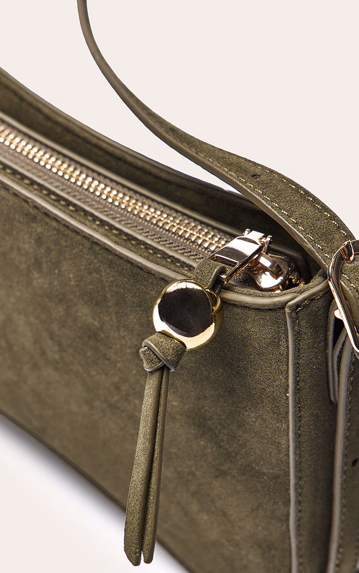 Olive Faux Suede Curved Beaded Shoulder Bag