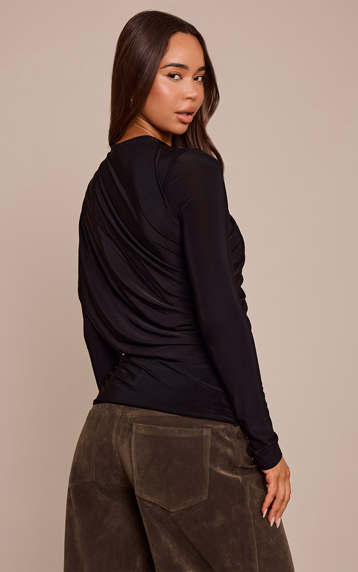 Black Double Layer Slinky Cape Detail Long Sleeve Top