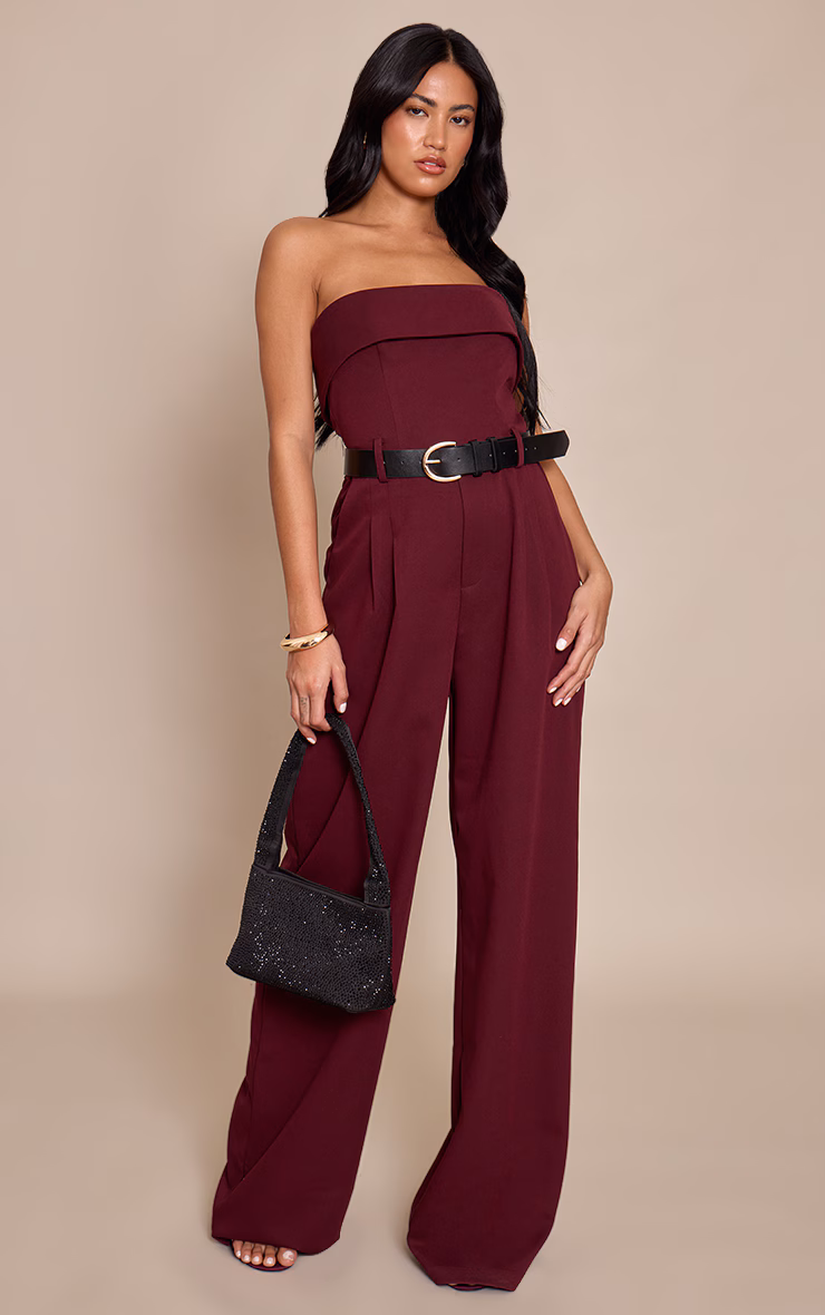 Plum Woven Bandeau Belted Wide Leg Jumpsuit